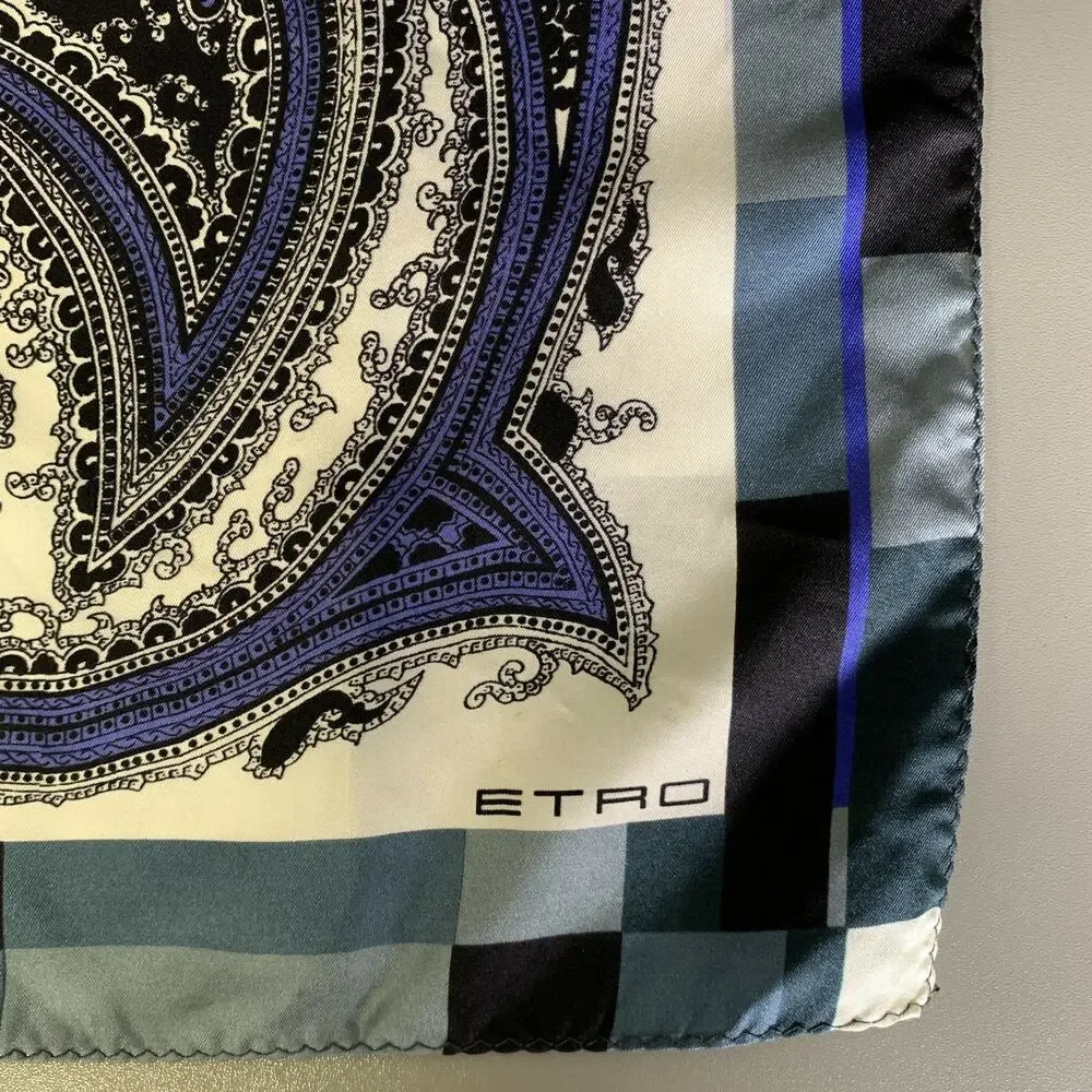 ETRO Black Blue Paisley Silk Pocket Square